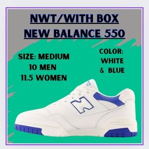 🔥NEW BALANCE 550/NEW IN BOX/WHITE & BLUE/SIZE 10M 11.5W